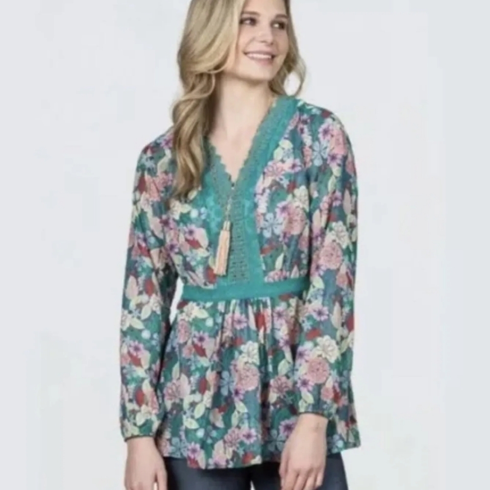 Matilda Jane Kookaburra Floral Blouse Women's Medium Crochet Peasant Sheer